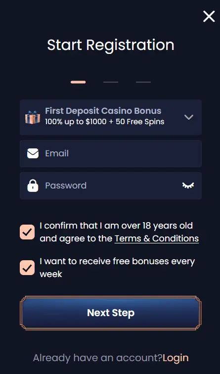 Login registration form in GreatSpin Casino