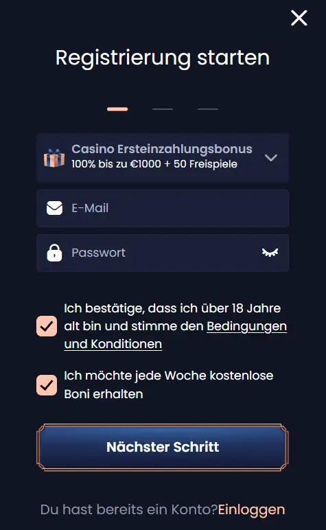 Registrierung starten im GreatSpin Casino